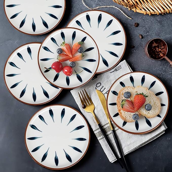 Aquiver 6'' Ceramic Dessert Plates - Color Painted Porcelain Appetizer Plates - Tea Party Small Serving Plates for Cake, Pie, Snacks, Ice Cream, Side Dish, Waffles - Set of 6 (Blue)