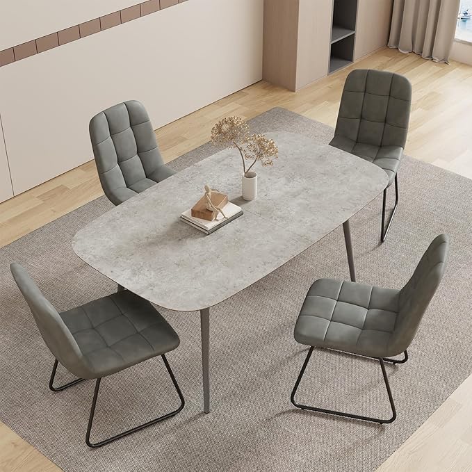 55.1'' Modern Dining Table Set for 4, Gray Wood Table with 4 Faux Leather Chairs, Kitchen & Dining Room Furniture Set, Space-Saving Table and Chairs for Apartment, Home, Small Spaces