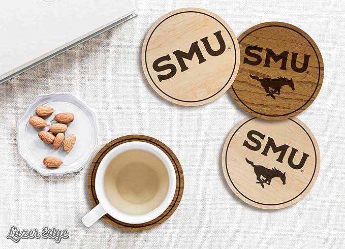 LazerEdge Southern Methodist Mustangs Wooden Coaster Set - Cherry Wood - Officially Licensed Product - 4-Pack