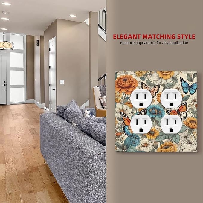Light Switch Cover Vintage Colorful Floral Butterfly Flowers 2 Gang Decorative SwitchPlates Double Duplex Wall Plates Switch Plates and Outlet Covers for Bathroom Bedroom Decor