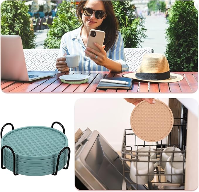 uxcell Set of 6 Round Drink Coasters with Holder, 4" Silicone Coaster for Drinks Non-Slip Cup Coaster Heat Resistant Glass Cushion for Bar Kitchen Office Decor, Light Blue(Pentagon)