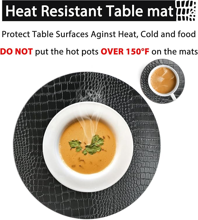 Round Leather Placemats for Round Tables Set of 8, Black Table Place Mats and Coasters, Washable Easy to Care for Indoor Decor 13" Diameter