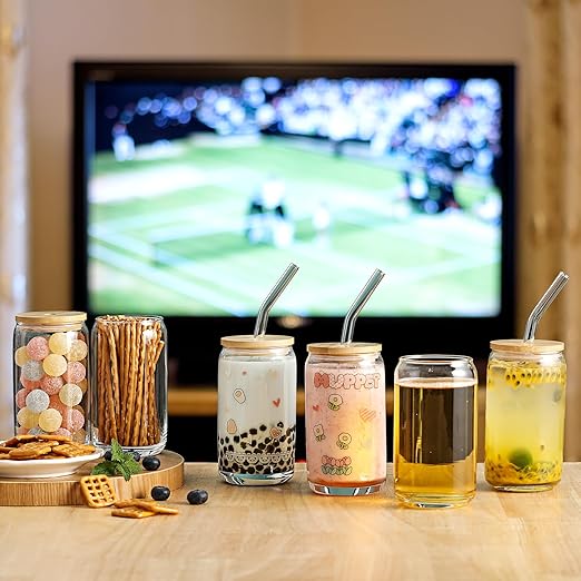 VITEVER [ 20pcs Set ] Glass Cups with Bamboo Lids and Glass Straw - Beer Shaped 16 oz Iced Coffee Drinking Glasses, Cute Tumbler Cup for Smoothie, Boba Tea, Whiskey, Water
