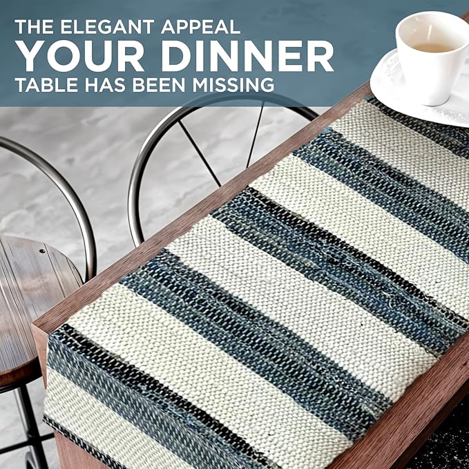 Perilla Home Chindi Table Runner Boho with Tassels 72 Inches Long Linen Cotton - Braided Rustic Farmhouse Fall Kitchen Dining Table Decoration for Party Wedding (Blue & White)