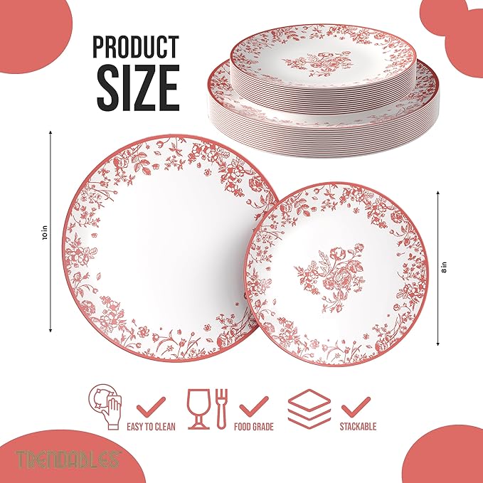Trendables Disposable Plates For Party Supplies | Pink Floral Plastic Plates For Wedding 80 Pcs - 40 X 8 & 40 X 10 Dinner Plate Sets | Floral Plate Set Disposable Plastic Dinnerware Sets