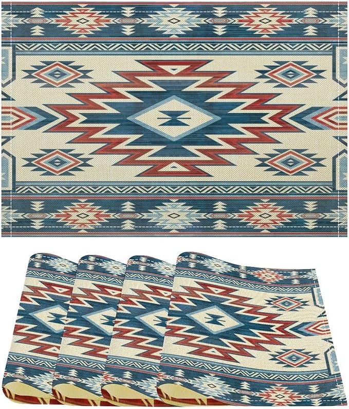 Ethnic Aztec Placemat Set, Vintage Bohemian Rustic Farmhouse Blue Red Mystic Native Tribal Geometric Totem Pattern Home Decor Linen Table Mats for Dining Room Kitchen Party (17x12in) x4P