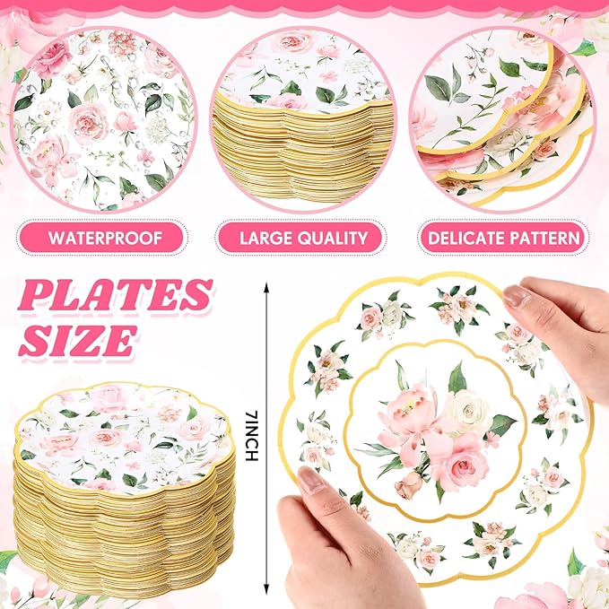Umigy 120 Pcs Summer Pink Floral Paper Plates 7 Inch Floral Party Decoration Plates, Summer Wild Flower Disposable Decorative Tableware for Birthday Wedding Baby Shower Tea Party Bridal Shower