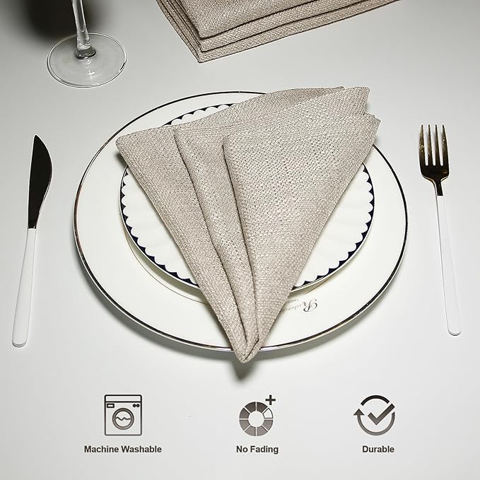 BALCONY & FALCON Cloth Napkins Set of 6 Washable Linen Napkins Absorbent Wrinkle-Free Fabric Napkins Bulk for Dinner Wedding Party Easter Thanksgiving Christmas Banquet (Beige 17.7"x17.7")