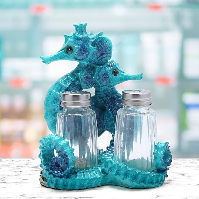 Hodao Seahorse With Salt and Pepper Shaker Figurines Decorations Set with Holder Figurine for Beach Bar or Tropical Kitchen Decor Table Decorations By Home Gifts (Seahorse-Blue)