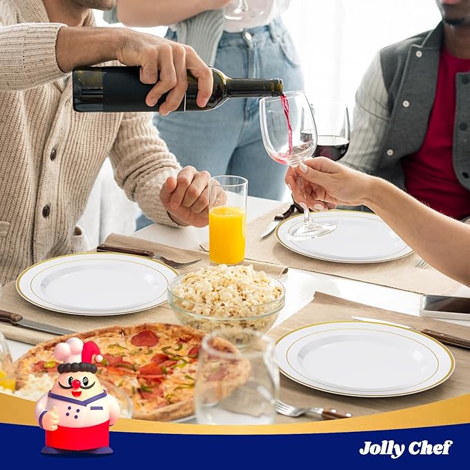 JOLLY CHEF 200 Pieces Gold Plastic Plates, 10 Inch Elegan Disposable Plates White Plate with Gold Rim,Plastic Plates for Christmas、Birthdays and Weddings
