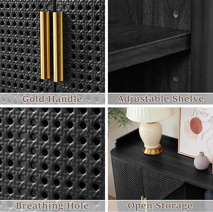 ORRD 4 Doors Storage Cabinet, 2 Tier Wooden Storage Organizer Cabinet with Adjustable Shelf, Sideboard Buffet Cabinets with Iron Curved Doors Accent Shoe Rack for Entryway Hallway Living Room (Black)