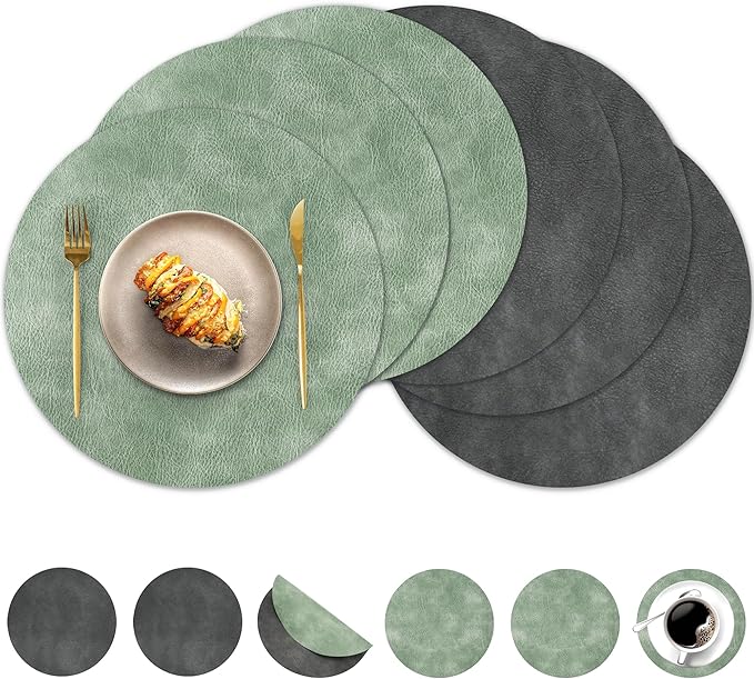 Round Placemats and Coasters Set of 6, Washable Reversible Faux Leather Placemats Cowhide Pattern Place Mats Wipeable Non-Slip 15 inch Round Kitchen Dining Table Mats (Gray Green, 6)