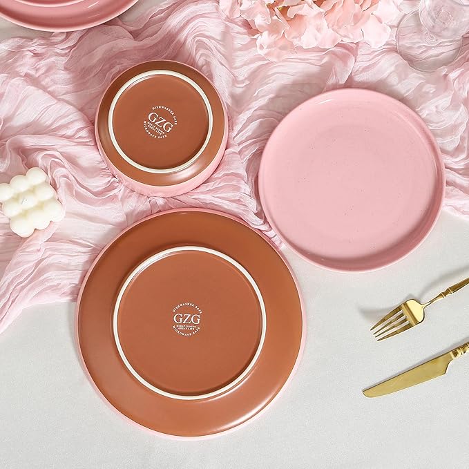 GZG Modern Art Series - 12 Pcs Speckled Stoneware Plates and Bowls Sets, Ceramic Dinnerware Set with Rustic Terracotta Underside, Microwave and Dishwasher Safe Handcrafted Dishes Set - Blush Pink