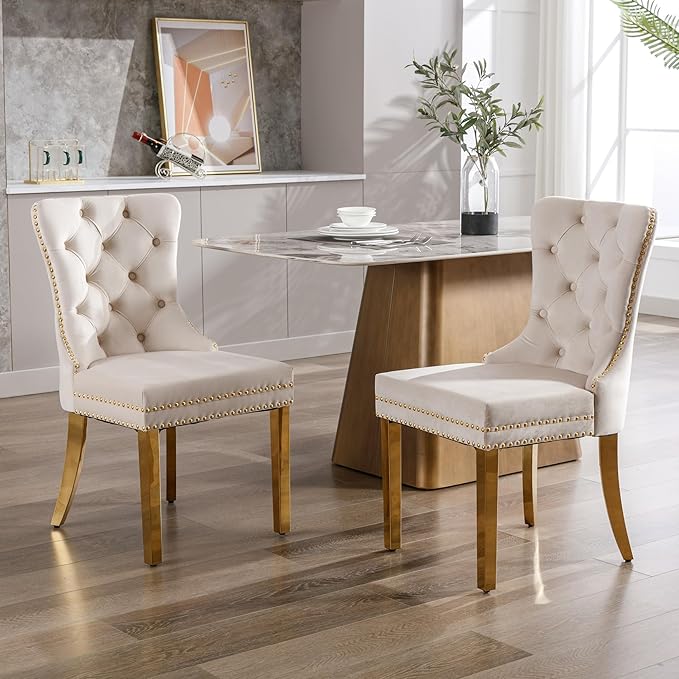 KCC Velvet Dining Chairs Set of 2, Upholstered High-end Tufted Dining Chair with Nailhead Back Ring Pull Trim Stainless Steel Legs, Contemporary Nikki Collection Modern Style for Kitchen, Beige