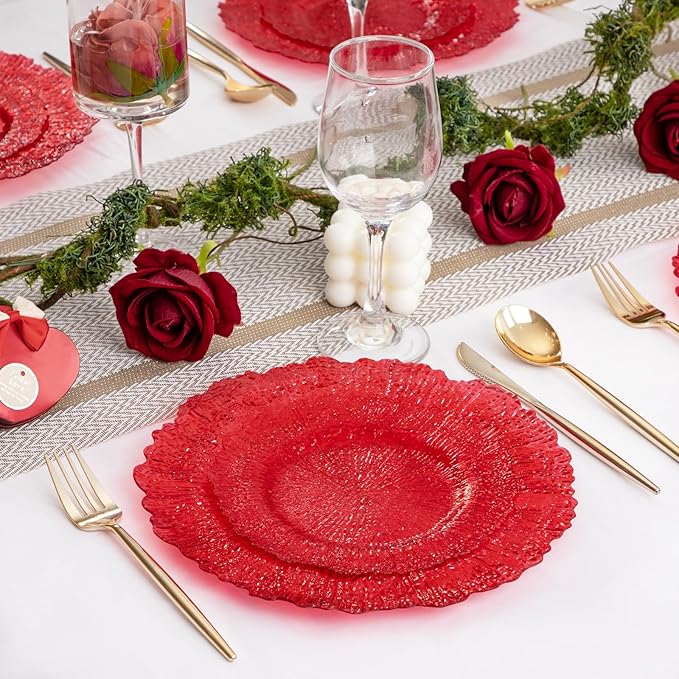 U-QE 60PCS Clear and Red Plastic Plates - Reef Plastic Plates Disposable&Reusable - Clear Red Plates Including 30 Plastic Dinner Plates 10" & 30 Plastic Dessert Plates 7" Perfect for Valentine's Day