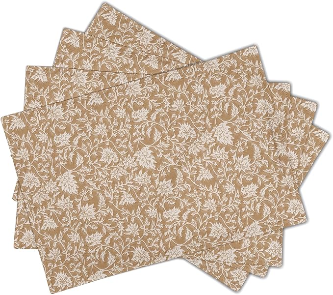Block Print Placemats - Vintage Floral Place Mats Set of 4 Rustic Brown Beige Tablemats 12x18 for Party Kitchen Dining