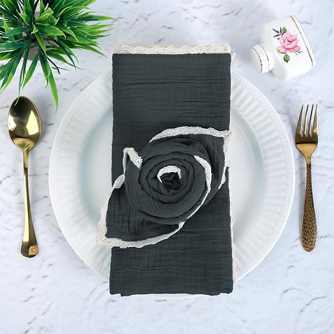 Fingercraft Dinner Cloth Napkin Cotton Muslin Double Gauze 4 Pack with Classic Lace for Everyday Use, Wedding, Party, Christmas, Easter Napkins Cloth are Pre Shrunk and Good Absorbency Black