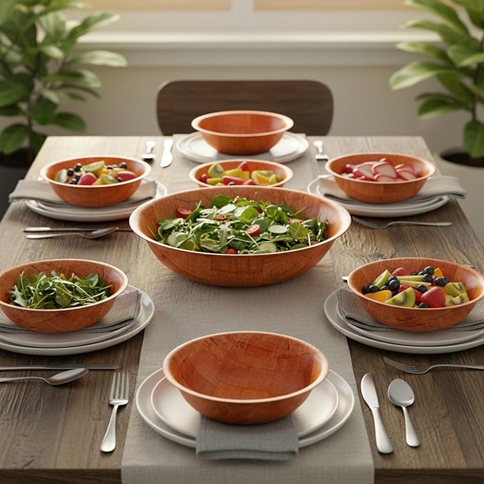 6-inch Wooden Serving Bowl, Set Of 6 | Round | Stackable | EZ To Wash | Great For Salads, Fruits, Snacks, And More [6PK]