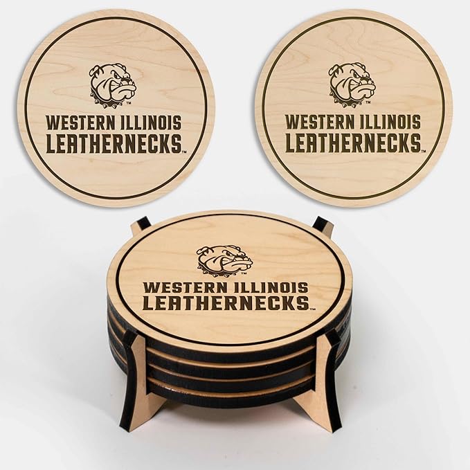 LazerEdge Western Illinois Leatherbacks Wooden Coaster Set - Maple Wood - Officially Licensed Product - 4-Pack