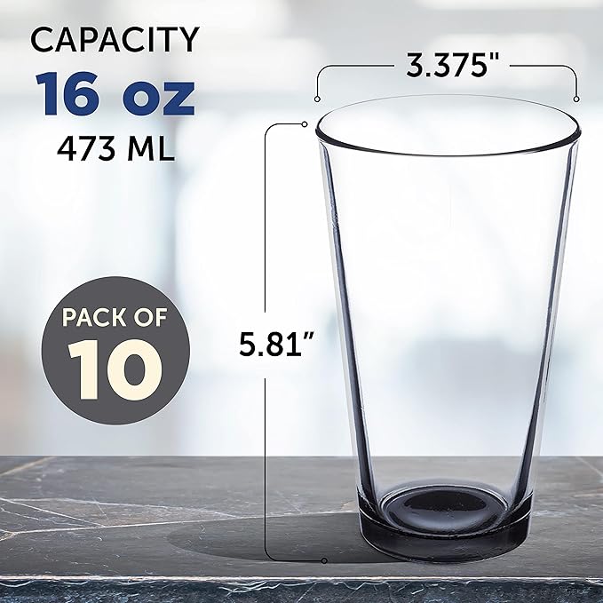 DISCOUNT PROMOS Beer Pint Glasses 16 oz. Set of 10, Bulk Pack - Heavy Duty Glassware for Restaurant, Thick Base and Walls, Stackable - Black