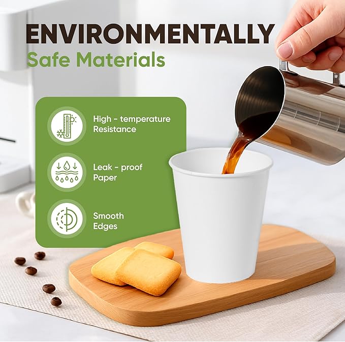 16 oz Paper Cups – 100 Pack with 50 Paper Straws | White Disposable Hot Cold Cups for Coffee, Tea & Cold Drinks | Paper Tested Under FDA 21 CFR 176.170 by SGS