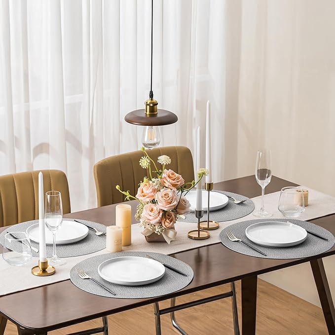 Jovono 15" Faux Leather Big Round Placemats Set of 6 - Washable Heat Resistant Non-Slip Dining Table Mats with Fabric Texture for Kitchen Home Party Decor, Light Gray