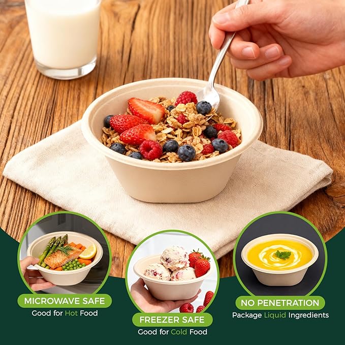 16 Oz [100 Pack] Small Disposable Paper Bowls - Heavy Duty and 100% Compostable - Natural Bagasse Biodegradable Bowls for Chili,Ice Cream,Dessert