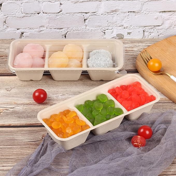 disposable paper bowls 18 oz 3 compartments with lids, Sugarcane Fiber For Snack, Dessert, Meal Prep 50 Pack