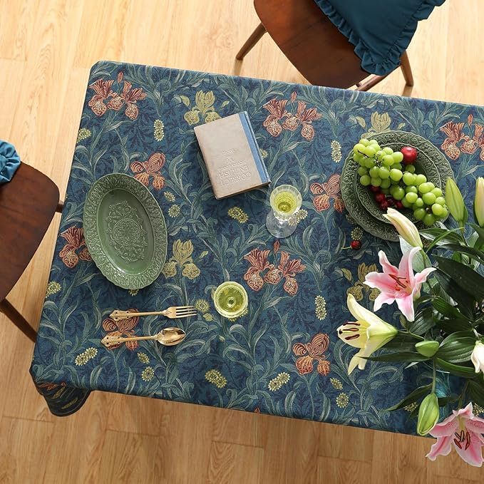 patdrea Designer Dark Blue Linen Square Tablecloth,Vintage French Rustic Floral Pattern Tablecloths,Decorative Table Cover Cloth for Kitchen,Dining,Tea Party,Home,Christmas,67"*67"