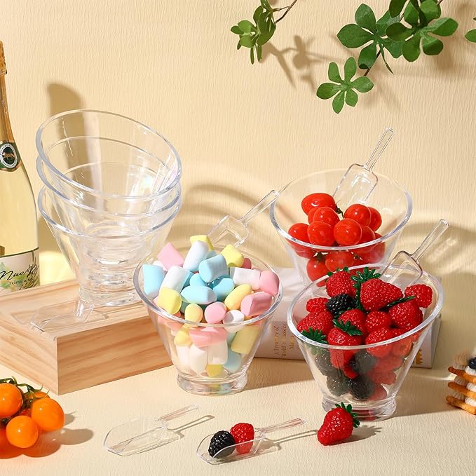 Sawysine 12 Pcs Acrylic Clear Serving Bowls with Plastic Kitchen Scoops Salad Serving Bowls Popcorn Scoops Angled Candy Bowl for Salad Cooking Parties(19 oz)