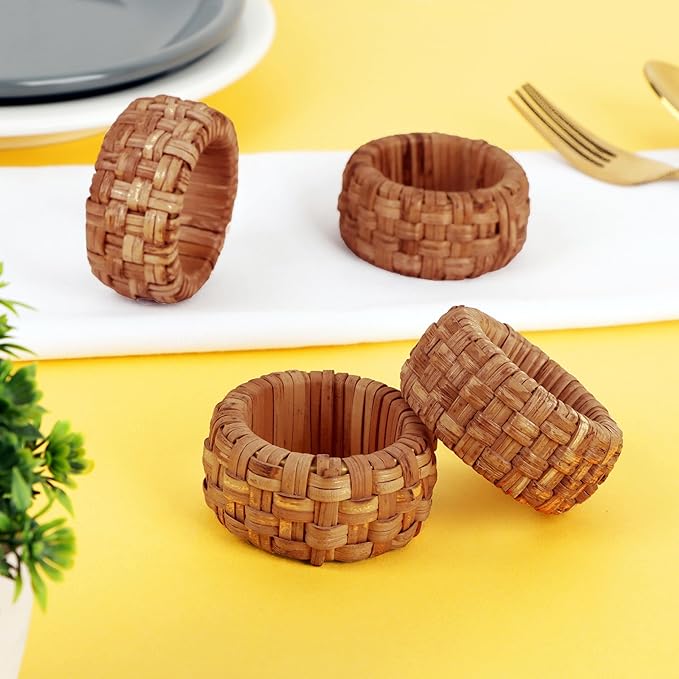ALPHA Living HOME 6 Pcs Boho Rattan Woven Napkin Rings, Farmhouse Water Hyacinth Wooden Rustic Napkin Rings Holders for Table Wedding Decor Home and Kitchen Décor (Brown)