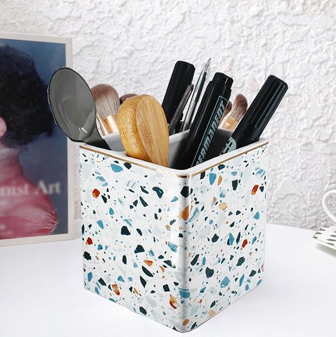 Pen Pencil Holder, Makeup Brush Holder,Ceramic Remote Control Holders Organizer with 2 Compartment Terrazzo Multi-functional Office Organizers Storage Caddy Desk Tv Remote Holders Light Blue
