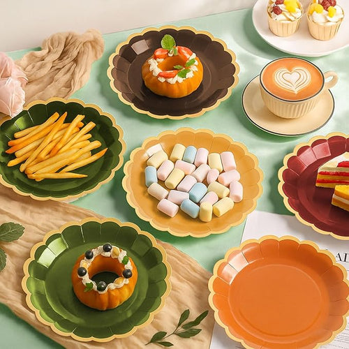 48 Pcs Green and Brown Paper Plates 9 Inch Gradient Woodland Scalloped Paper Plates Disposable Dinner Dessert for Birthday Wedding Bridal Party Supplies, 6 Colors