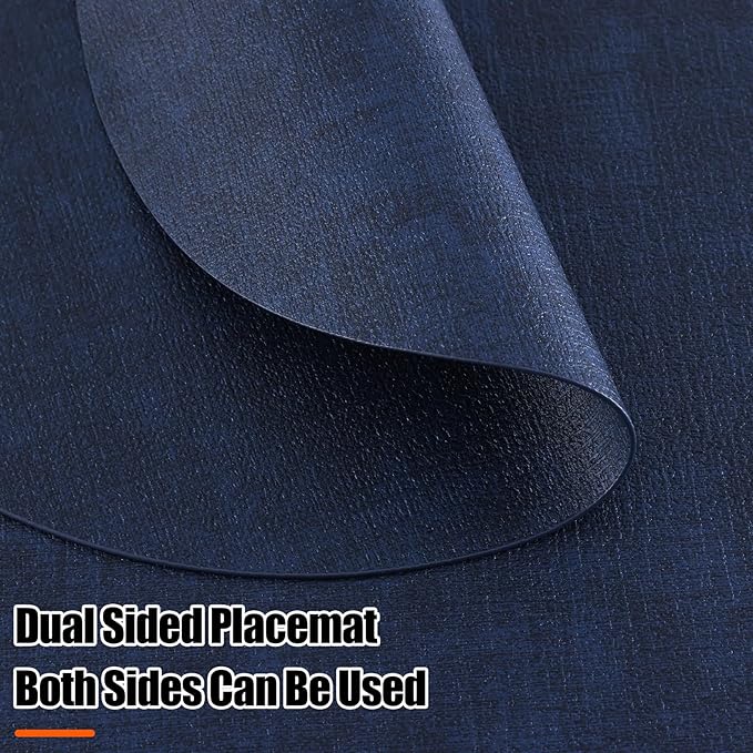 Homaxy Round Faux Leather Placemats and Coasters, Washable Dual-Side Table Mats, Wipeable Heat-Resistant Dining Place Mats for Outdoor and Indoor, Set of 8, Diameter 13 and 3.93 inch, Navy Blue