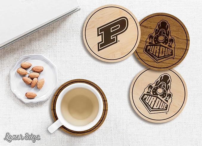 LazerEdge Purdue Boilermakers Wooden Coaster Set - Maple Wood - Officially Licensed Product - 4-Pack