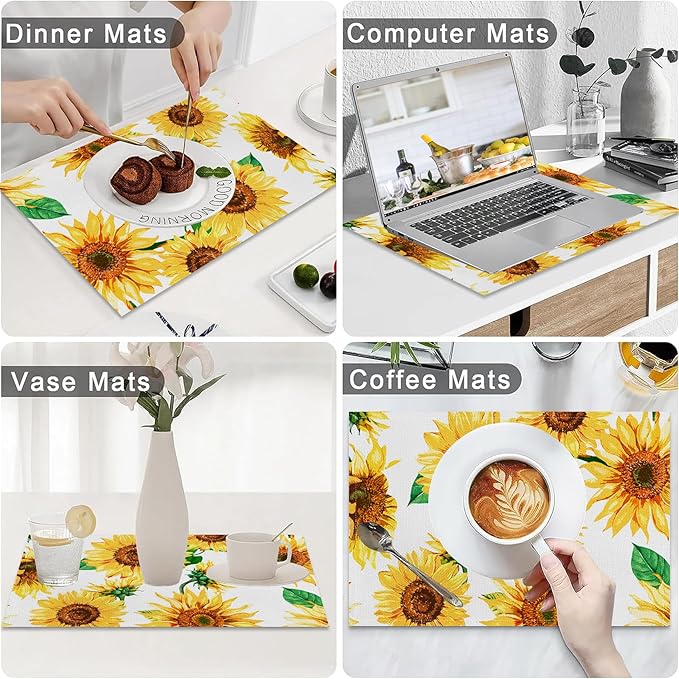 AOFOTO Sunflower Placemats Set of 4 Yellow Flowers Leaves Printed Place Mats Rectangular Artistic Table Mats for Party Home Kitchen Restaurant Dining Table Decor 12x18 Inch