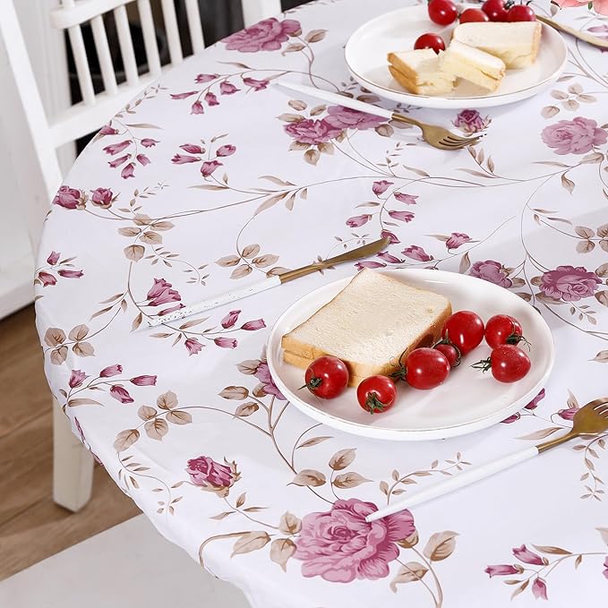 Walrus Round Vinyl Fitted Tablecloth with Flannel Backing Elastic Edge Design Table Cover Waterproof Oil-Proof PVC Table Cloth Stain-Resistant Best for 45"-56" Round