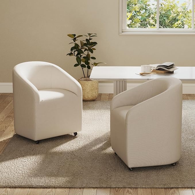 Modern Barrel Dining Chair with Rolling Casters, Upholstered Linen Swivel Dining Room Chair with Wheels for Kitchen Living Room Home Office, Beige