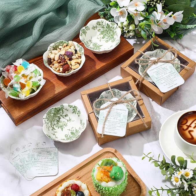 80 Pack Wedding Favors for Guests Small Ceramic Bowls Bulk Gifts Set 3.3 Inch Sage Green Verdure Design Mini Dipping Bowl Sauce Dish with Cards Box for Party Shower Favor Souvenir