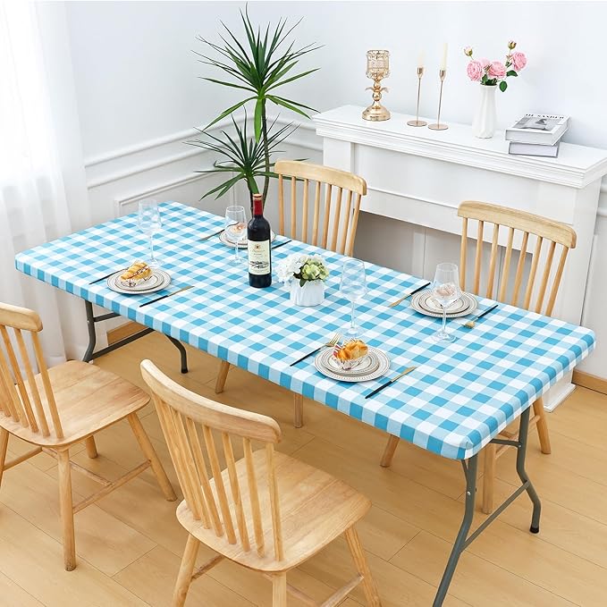 Smiry Rectangle Picnic Table Cloth, Elastic Waterproof Fitted Vinyl Tablecloths, Flannel Backed Buffalo Plaid Table Covers for Dining, Camping, Outdoor (White and Aqua, 30" x 96")