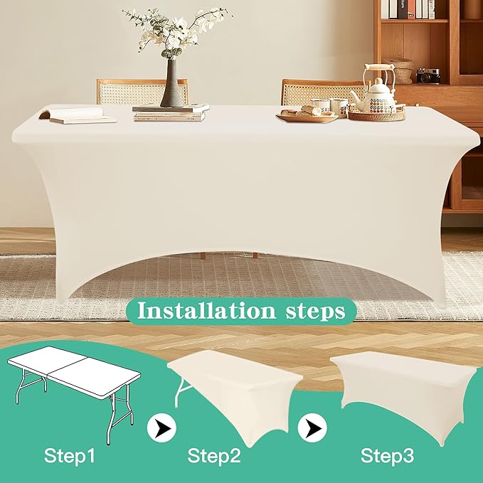 2Pack 6FT Table Cloth for Rectangular Fitted Events Stretch Cream Table Covers Washable Spandex Tablecloth Protector for Party, Wedding, Cocktail, Banquet, Festival