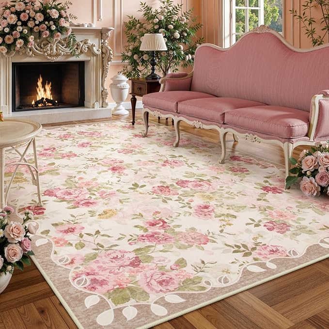 Lahome Vintage Floral 8x10 Area Rugs,Soft Living Room Rugs Boho Large Area Rug Machine Washable, Low Pile Pink Rugs for Bedroom Girls Carpet for Nursery Rug Playroom Dining Room(8'X10',Beige)