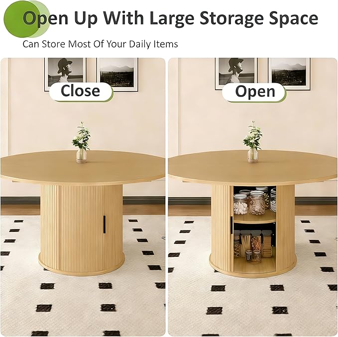 Extendable Round/Oval Dining Table Seats 2-4-6, 59" Modern Farmhouse Design with 2-Tier Storage & Fluted Slide Door, Dining Room Kitchen Furniture (Oak, 59 inches)