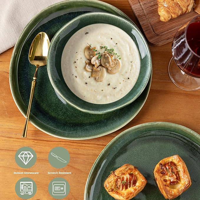 AmorArc Ceramic Dinnerware Sets,Handmade Reactive Glaze Stoneware Plates and Bowls Set,Highly Chip and Crack Resistant | Dishwasher & Microwave Safe Dishes Set,Service for 4 (12pc)