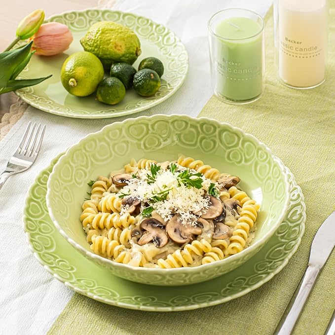 HOMBENE Heartbeat Pasta Bowls Set of 4, 40oz, Porcelain Wide and Shallow, Soup, Pasta, Noodle, Dinner, Large Salad Bowls Soup Bowl for Kitchen, Microwave & Dishwasher Safe (Celestial Blue)