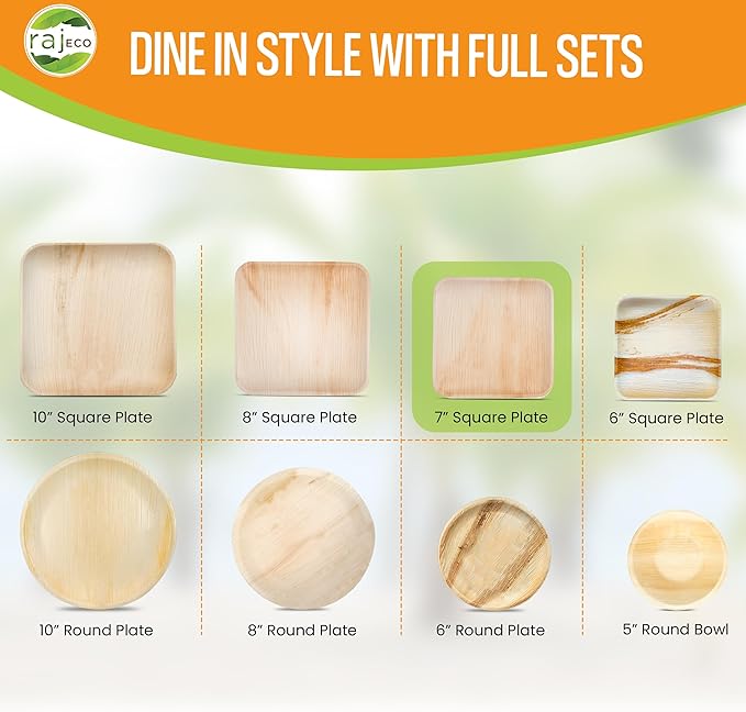 Raj Palm Leaf Plates 7" (300 Pack) Bulk Bamboo plates Disposable, Decorative Compostable Tableware for wedding, Lunch, Dinner, Birthday, Camping, Outdoor BBQ, Picnic