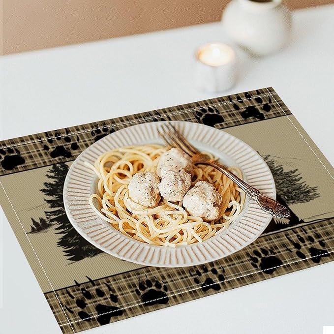 Retro Farmhouse Placemat Set, Rustic Brown Tartan Check Wildlife Bear Paw Silhouette Sketch Pine Tree Forest Pattern Home Decoration Linen Table Mats for Dining Room Kitchen Party (17x12in) x6P
