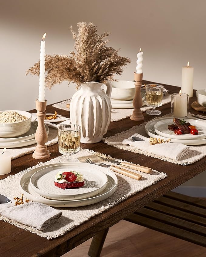 Stoneware Dinnerware Set, Highly Chip and Scratch Resistant Everyday Plates and Bowls for 8 (24pcs), Reactive Glaze Speckled Ceramic Flared Dishes with Gift Box, Microwave Dishwasher Safe, Shell Beige