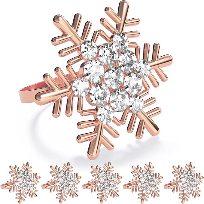 ZeeDix Christmas Snowflake Napkin Rings Set of 6- Rose Gold Rustic Dinner Tables Setting Decoration for Wedding Receptions, Christmas Holiday Party Dinner Parties