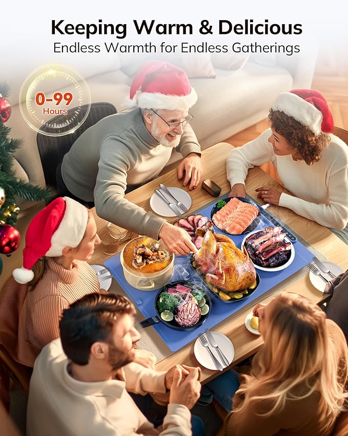 Electric Warming Mat for Food, Roll-Up Silicone Heating Pad with 7 Adjustable Tempmaster Levels, Foldable Warming Tray for Countertop,Buffet Party, Kitchen & Home, Child Lock, Dark Bule